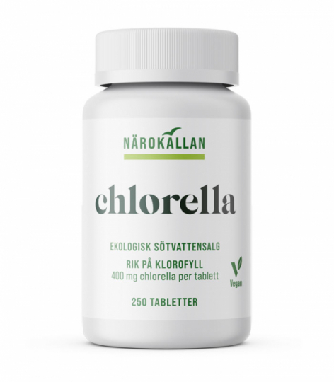 Bottle with N�rok�llan Chlorella 250 tablets organic