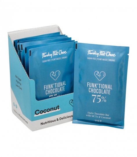 Package with Funky Fat Foods Chocolate Coconut 10 pack